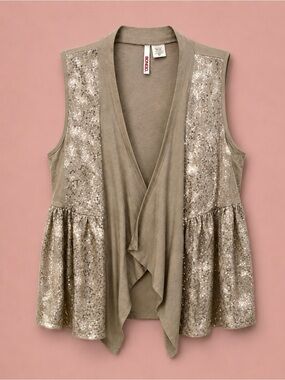 BONGO Taupe Sequin Draped Open-Front Vest